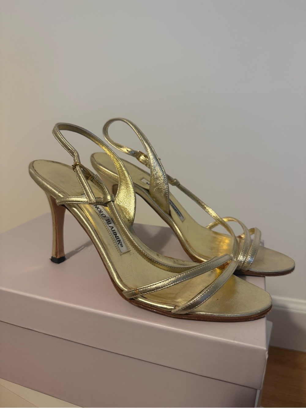 Manolo Blahnik Vintage Gold Metallic Strappy Slingback Heels Y2K | Size 36